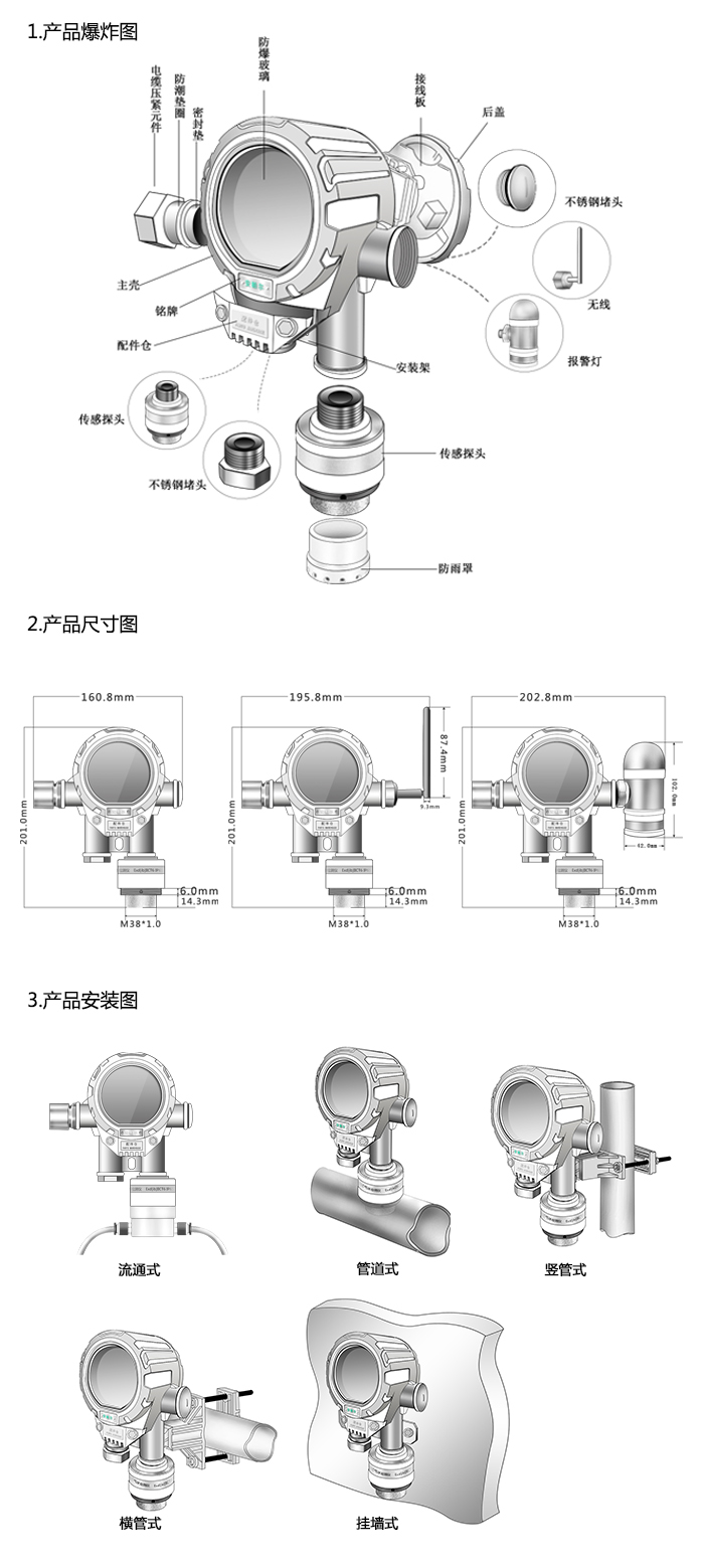 機氣貓固定在線式1-1-1-三氯乙烷氣體檢測儀分體型網絡版尺寸與安裝圖